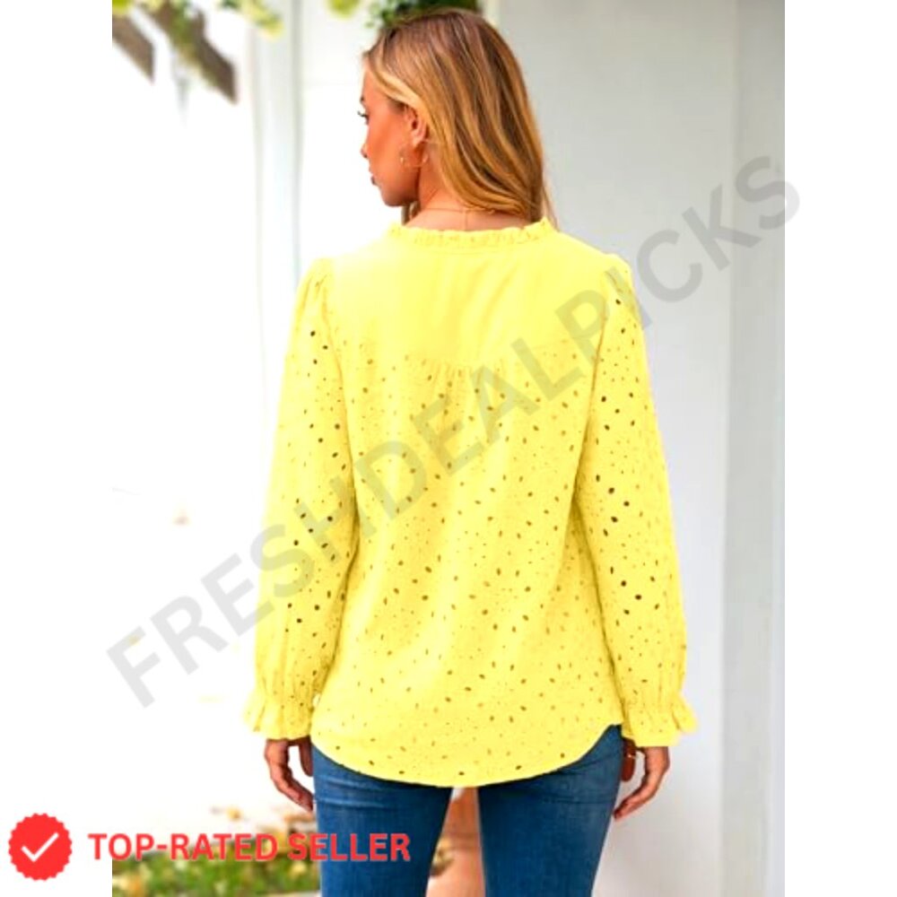 Eyelet Embroidered Puff Sleeve Blouse Boho Chic Lace Button Down Shirt - Picture 6 of 7